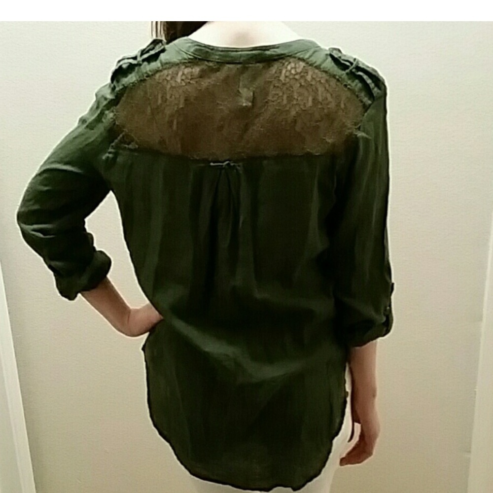Free People Olive Green Lace Back Women's Top blouse office casual small - Picture 3 of 7